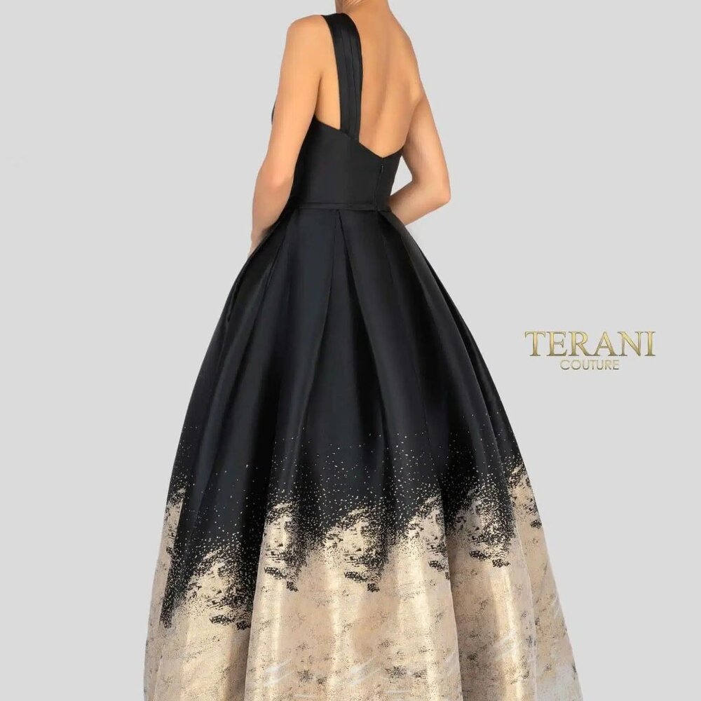 Terani Couture: Black with Gold Ombre evening gown - One Shoulder Dramatic Neck